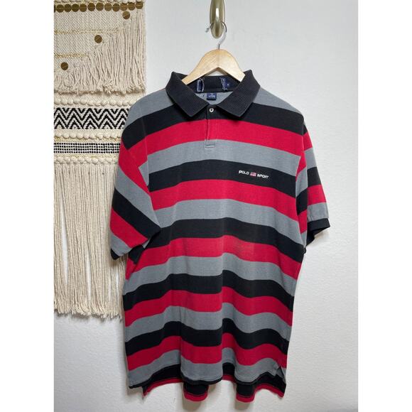 Vintage Red Grey & Black Stripped Mens Polo Short XL - Picture 2 of 8